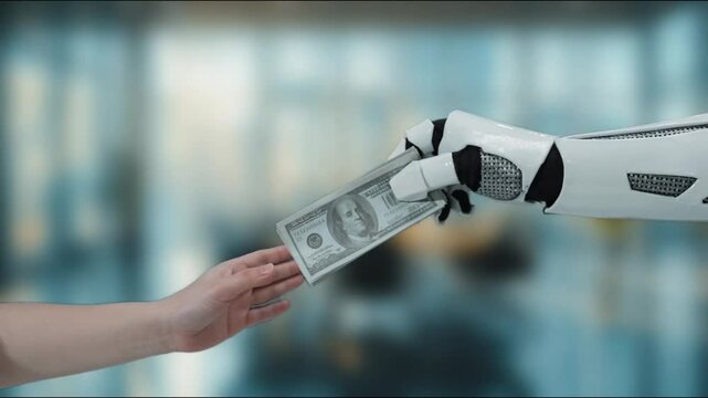 A close-up image of a robotic hand transferring a dollar bill to a human hand, representing the merging of technology and finance in a modern office setting. MZL