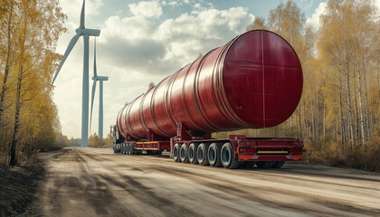 AI generator images of trucks used to transport goods on roads that are charged while driving on the road, using wind turbines to generate electricity, Electric vehicle