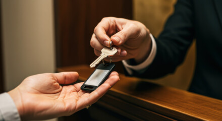 hotel reception desk key exchange showcasing handoff of room key and keycard. unseen guests receive keys, highlighting hospitality and service in a luxury setting with wood accents.
