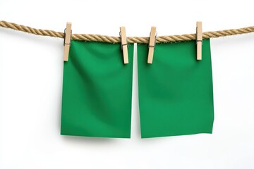Sheets of bright green paper are neatly hung on a rope with wooden clothespins perfect for festive reminders or messages during St Patricks Day celebrations. Great for crafting ideas