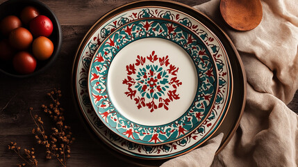 AI generator image of ceramic plate Antique decorative plate with patterns and ornaments.