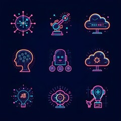Vector icon set of artificial intelligence and machine learning concepts in modern line-art style, including neural networks, robotics, automation, deep learning, and cloud computing symbols