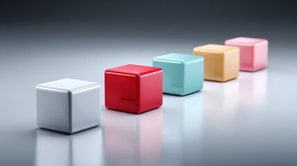 Chain of blocks design, Five colorful, glossy cubes arranged in a diagonal line on a reflective surface with a gradient gray background.