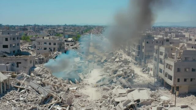 War Torn Urban City Landscape with Destroyed Buildings and Rising Smoke from Aerial View
