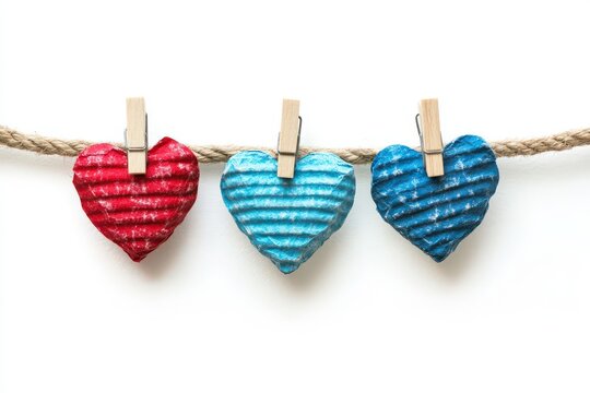 Brightly colored heart shapes dangle from a rustic rope attached with wooden clothespins. This delightful setup adds a festive touch for celebrating love perfect for reminders or gifts