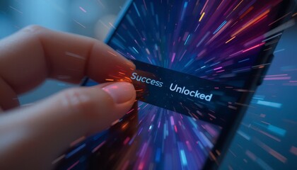 A hand holding a smartphone displays the message "Success Unlocked" amid a dynamic, futuristic light burst effect.