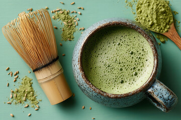 top view of a ceramic cup filled with frothy matcha latte next to bamboo whisk and green matcha powder on pastel background showcasing traditional tea preparation and natural ingredients