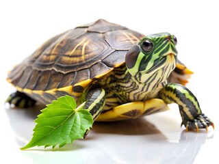 Fototapeta premium A small turtle with a green leaf is isolated on white background