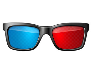 Black framed 3 D movie glasses with red and blue lenses isolated on a transparent background 3D glasses