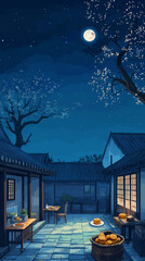 AI generator image of Night Sky Dreams Street painting with houses and trees in the rain, When the moon lights your path and the city whispers stories beneath its glow, this is where magic feels real.