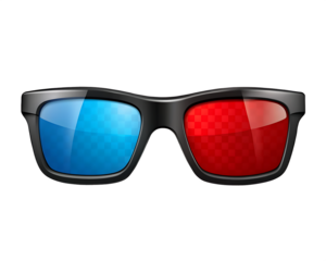Black framed red and blue anaglyph 3 D movie glasses with checkered lenses isolated on a transparent background