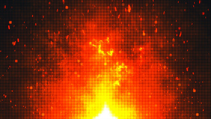 A dynamic, intense and powerful abstract fire explosion featuring fiery orange tones on an intricate grid background that captivates viewers. Abstract vector illustration.