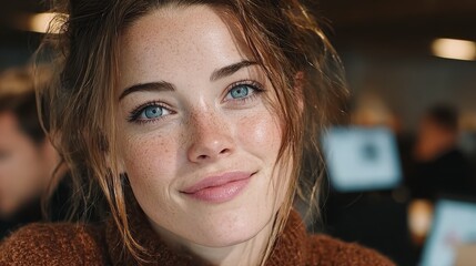 Obraz premium A close-up portrait of a young woman with blue eyes, freckles, and a warm smile in a cozy indoor setting.