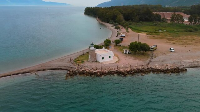 Aerial drone videos of Drepano lighthouse area of ​​Gulf of Corinth