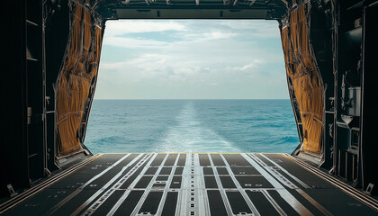 AI generator image of A view from inside the open cabin of a transport plane, showing another plane in close range. View from the cargo bay of a military aircraft, showcasing the empty interior 