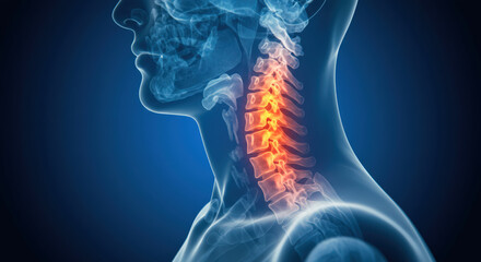 neck spine x-ray illustration highlighting vertebrae inflammation in human skeletal system medical concept. detailed anatomical focus through transparent profile on blue background