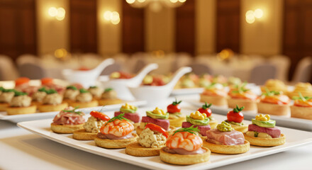 elegant buffet with gourmet appetizers on white platters, perfect for high-end events or celebrations. exquisite presentation highlights sophistication in culinary art and catering