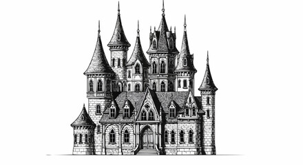 Obraz premium Black and white fantasy castle – detailed hand-drawn architectural illustration.