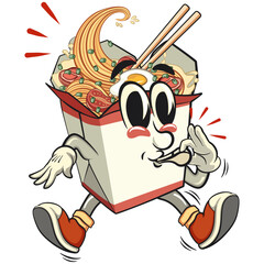 cute chinese noodles box mascot cartoon vector blowing the whistle, kawaii ramen takeout character with chopsticks, isolated food illustration asian cuisine design, work of hand drawn
