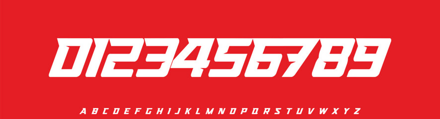 Naklejka na ściany i meble Futuristic Racing Number Font, Strong Bold Slanted Alphabet for automotive, soccer, sports car branding, race events, esports jersey numbers, or fast-paced digital interfaces. Vector Illustration.