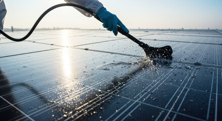 solar panel maintenance worker cleans surfaces with water, enhancing efficiency and energy production. renewable energy focus highlights importance of clean, sustainable practices at sunrise