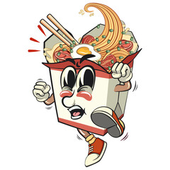 cute chinese noodles box mascot cartoon vector jumping and kicking, kawaii ramen takeout character with chopsticks, isolated food illustration asian cuisine design, work of hand drawn