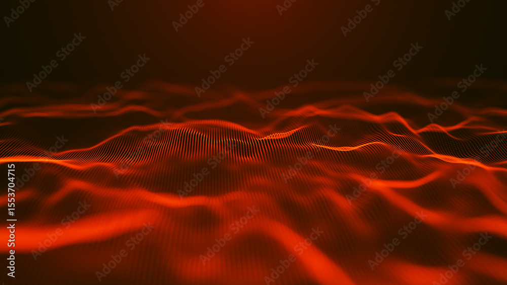 Poster abstract digital wave pattern that features illuminated red dots on a dark background, creating dept