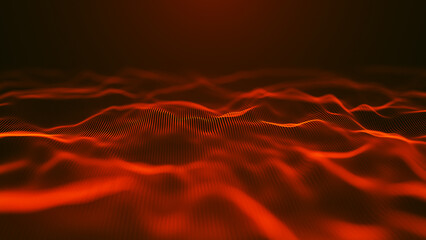 Abstract digital wave pattern that features illuminated red dots on a dark background, creating depth. Weave effect. 3D Abstract illustration.