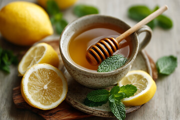 top view of a cup of herbal tea with fresh mint lemon slices and honey on rustic wooden surface showing healthy soothing ingredients for wellness drinks natural remedies and relaxation