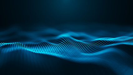 An abstract digital wave pattern that features illuminated blue dots against a dark backdrop, creating depth. Weave effect. 3D Abstract illustration.