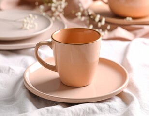 Fototapeta premium Peach Toned Ceramic Mug and Plate Set on Soft Cotton Tablecloth