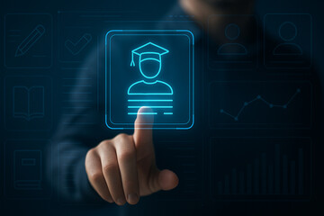 Modern Student ID Verification Interface with Finger Touch Access on Futuristic Holographic Dashboard for Educational Technology and Authentication Systems