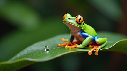 Naklejka premium Cute little green frog perched on a leaf, with expressive eyes and dewy skin texture — ideal for nature illustrations, stickers, or eco-friendly designs.