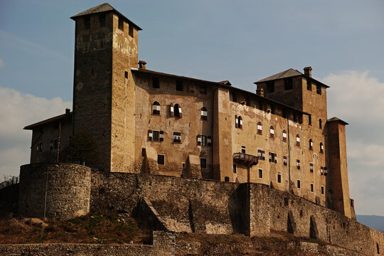 Castel Cles in Trentino, Historic castle in Cles, Italy, Medieval fortress of Cles, Sunny day at Castel Cles, Italian Alpine castle