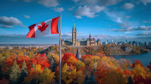Canadian Flag Waving Over Parliament Building in Autumn Season