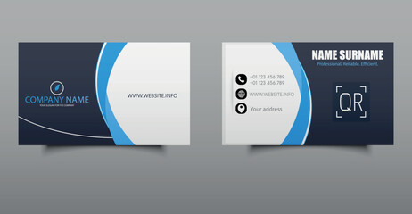 Visiting card. Modern Corporate Business Card Templat. Professional business card template featuring a clean layout with blue accents, QR code, and contact icons. Ideal for corporate branding.