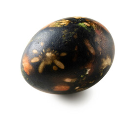Easter egg isolated on a white background with clipping path. A traditionally, ecologically dyed dark speckled Easter egg with plants.