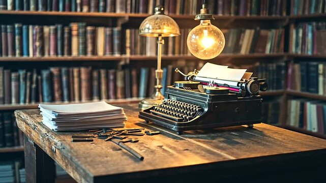 Vintage typewriter on a rustic wooden table surrounded by books in a cozy library setting