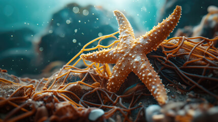 Starfish Caught in a Discarded Fishing Net on a Sandy Seafloor in Natural Lighting