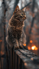 Cat Perched on Charred Fence Amidst Roaring Wildfires in California Neighborhood