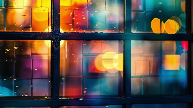 Blurred reflections in the window panes capture the fun and excitement of the party.