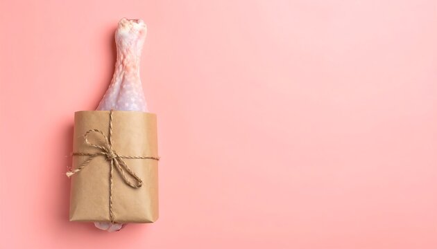Raw Turkey Leg Wrapped in Brown Paper Tied with String Bow on Pink Backdrop