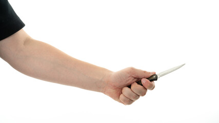 Hand holding a sharp object in a defined position ready for action in a clean, minimalistic...