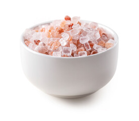 Pink Himalayan salt in white bowl on white background. 