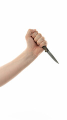 Hand gripping a sharp knife against a white background during a dramatic moment