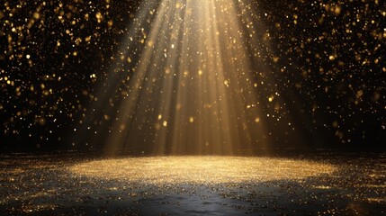 golden confetti rain on festive stage with light beam in the middle, empty room at night mockup with copy space for award ceremony, jubilee, New Year's party or product.