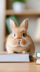 Fluffy Bunny With Glasses Next to Textbooks in a Cozy Classroom Study Area