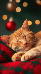 Ginger Tabby Cat Peacefully Resting on a Cozy Plaid Blanket Surrounded by Festive Ornaments and Warm Holiday Lights
