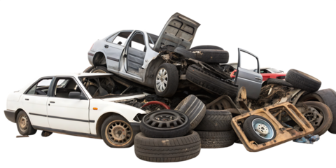 Pile of damaged white and grey cars and tires A I G E N E R A T E D P N G isolated on a transparent background