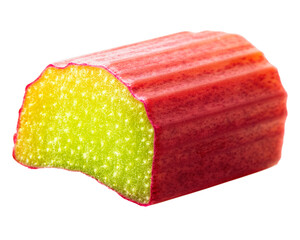 Cut rhubarb stem piece isolated on white background.